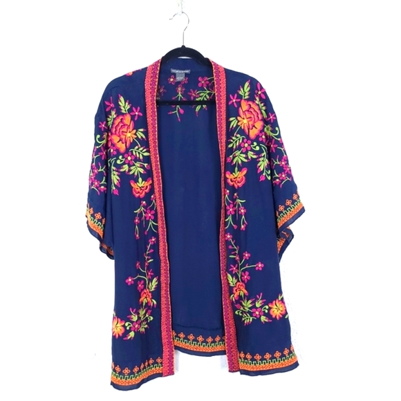 Chelsea & Theodore Tops - CHELSEA & THEODORE Floral Embroidered Boho Open Front Kimono